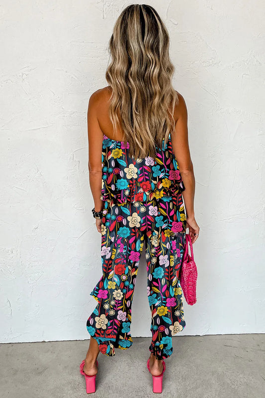 Red Mix Tropical Print Strapless Ruffled Jumpsuit - Chic Meadow Boutique