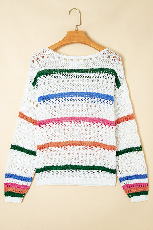 White Color Block Striped Pointelle Knit Sweater