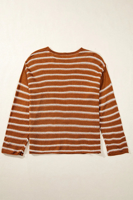 Brown Stripe Drop Shoulder Casual Sweater - Chic Meadow Boutique