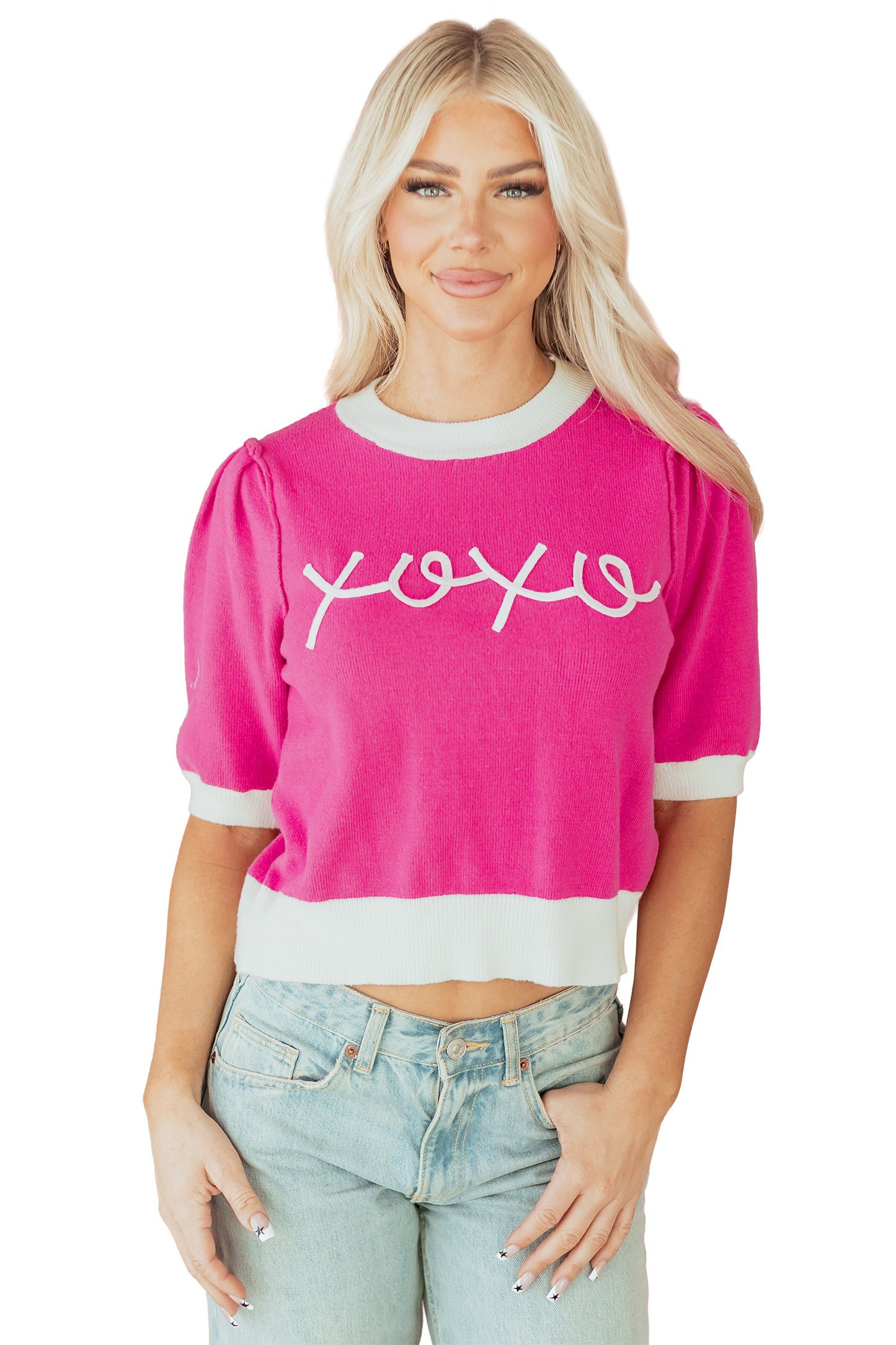 Bright Pink XOXO Embroidered Graphic Valentines Contrast Trim Crew Neck Short Puff Sleeve Sweater Tee