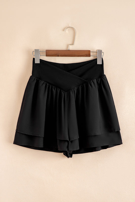Black Crossed Waist Tiered Flowy Shorts