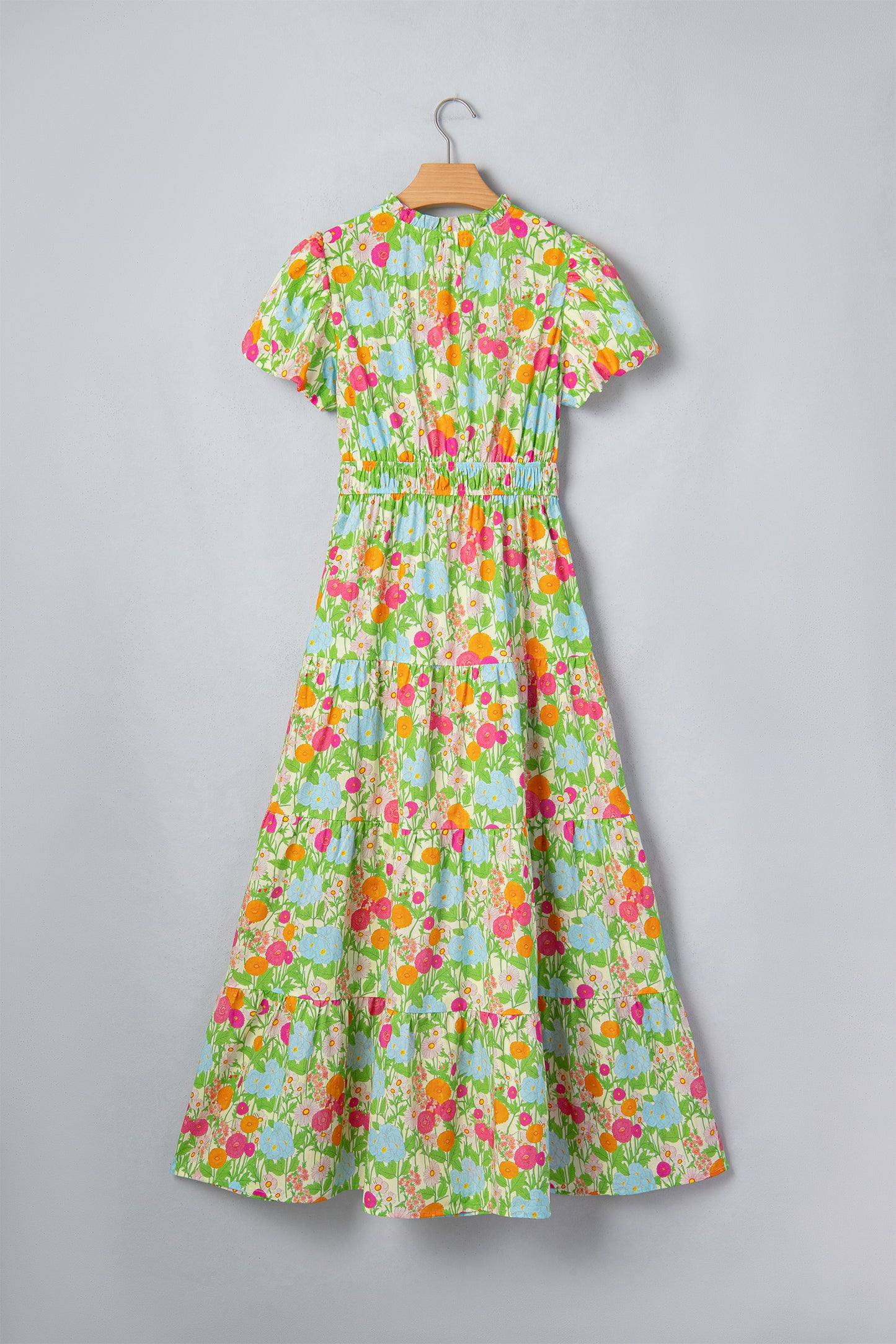 Green Floral Print V Neck Short Puff Sleeve Cotton Maxi Dress