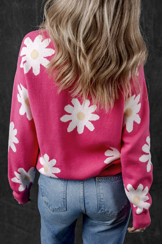 Bright Pink Daisy Flower Crew Neck Long Sleeve Sweater - Chic Meadow Boutique