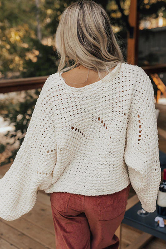 White Hollowed Detail Wide Sleeve Loose Pullover Sweater