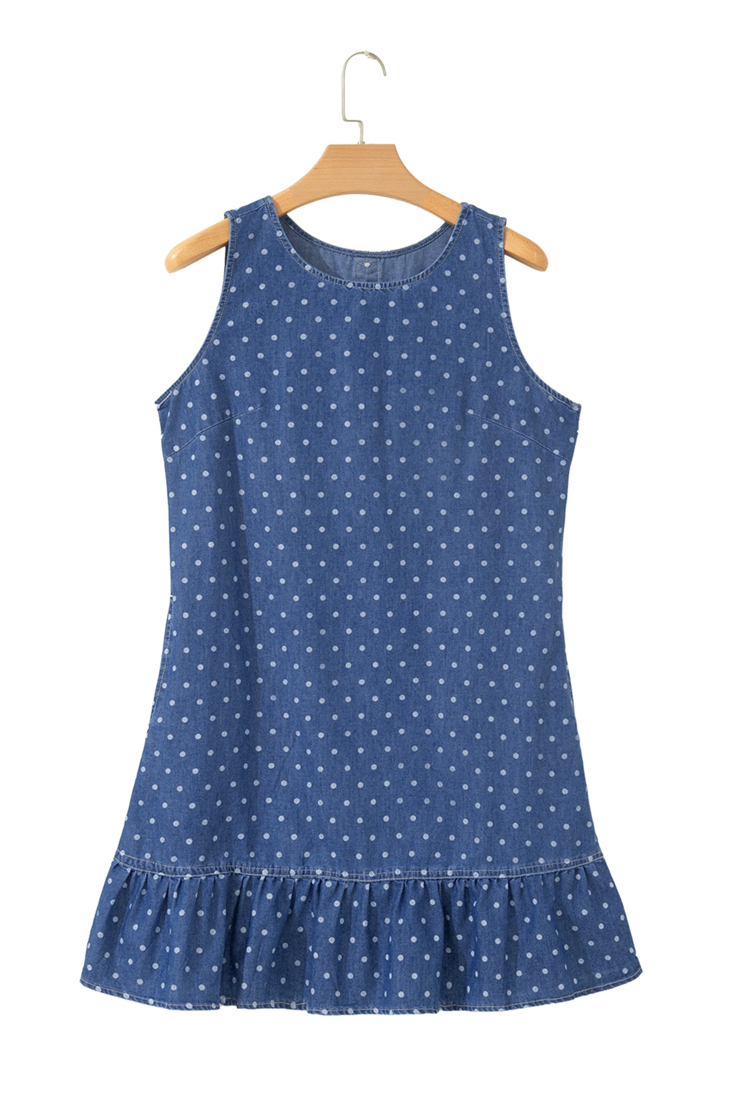 Blue Polka Dot Ruffle Hem Sleeveless Shift Dress Mini Vacation Wholesale