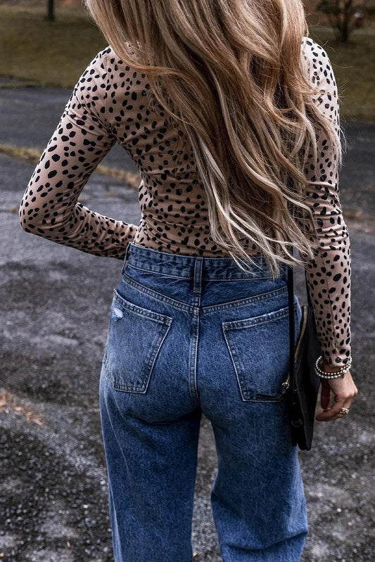 Tops/Bodysuits Smoke Gray Leopard Print Long Sleeve Scoop Neck Slim Fit Bodysuit