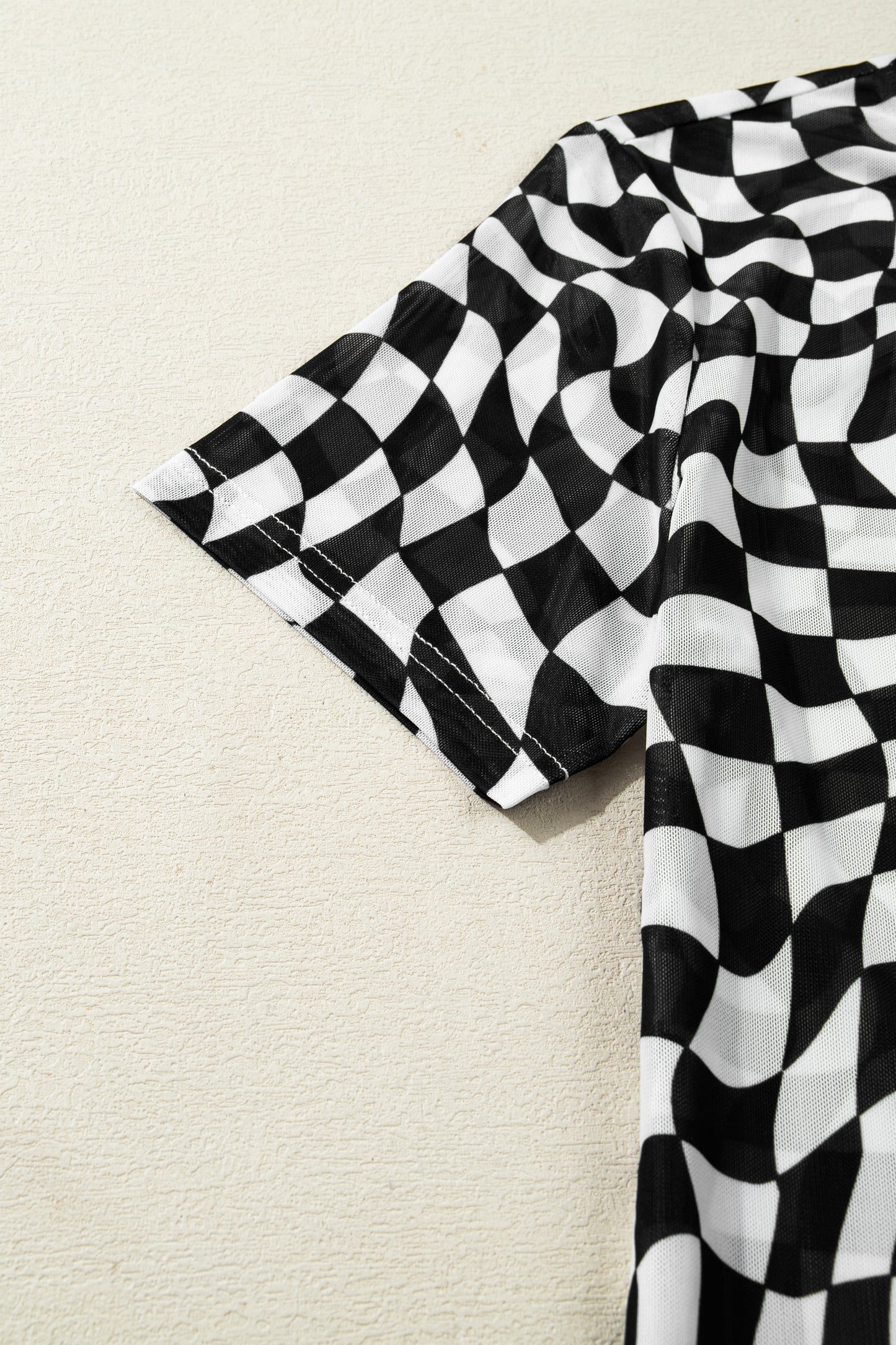 Black Checkered Print Mock Neck Mesh T Shirt