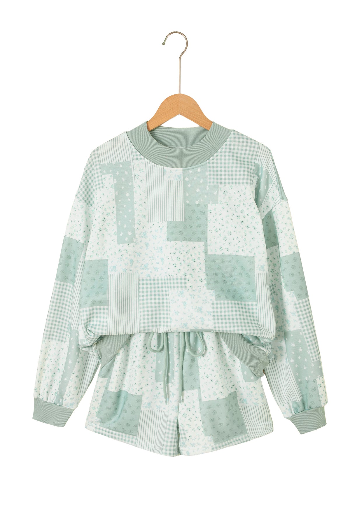 Green Patchwork Floral Print Drop Shoulder Baggy Pullover Drawstring Shorts Set