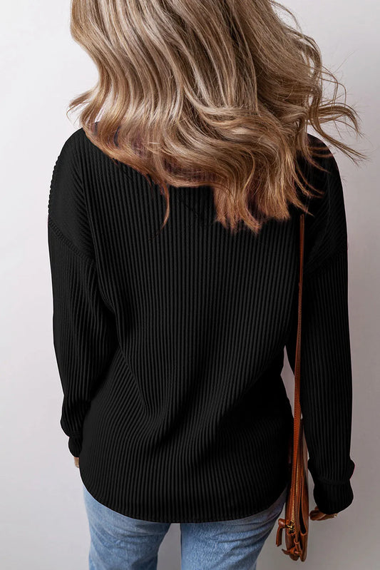 Black Solid Color Corded Drop Shoulder Long Sleeve Top - Chic Meadow Boutique
