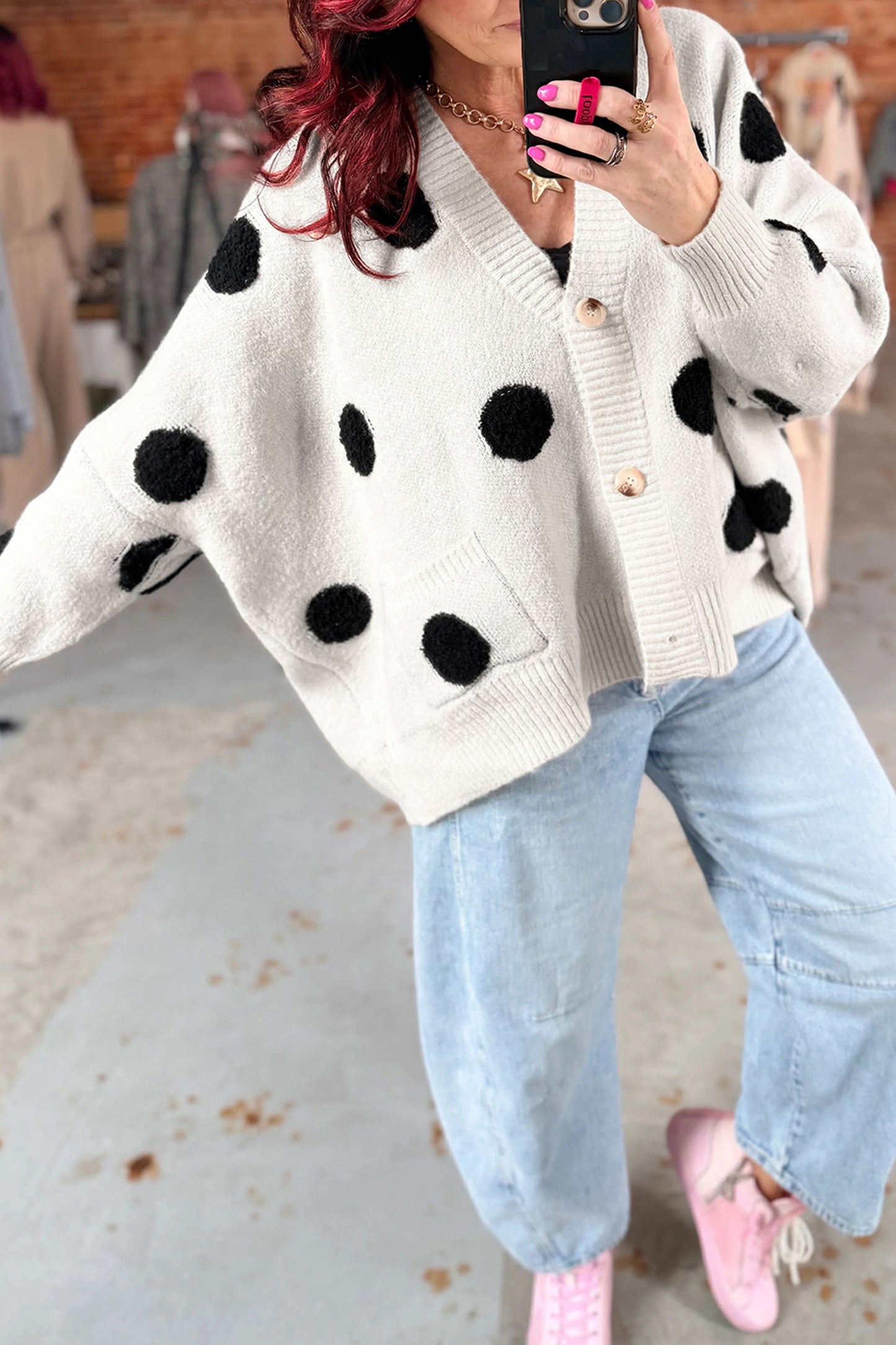 Beige Polka Dot Button Front Oversized V Neck Cardigan