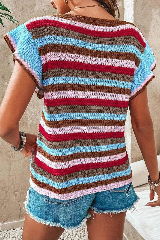Sweaters & Cardigans/Short Sleeve Sweaters Multicolour Striped Ruffled Sleeve V Neck Sweater