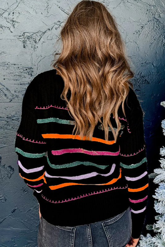 Black Colorful Striped Ribbed Trim Sweater - Chic Meadow Boutique