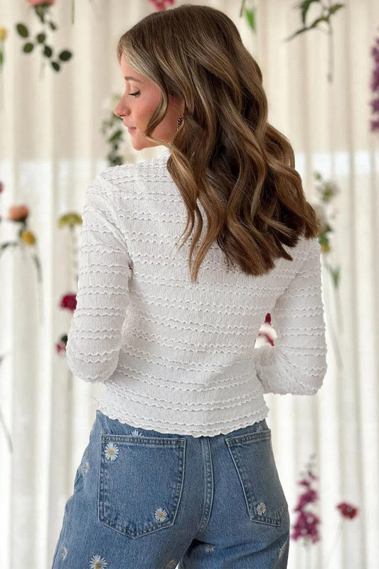 Tops/Long Sleeve Tops White Knit Jacquard Slim Fit Top