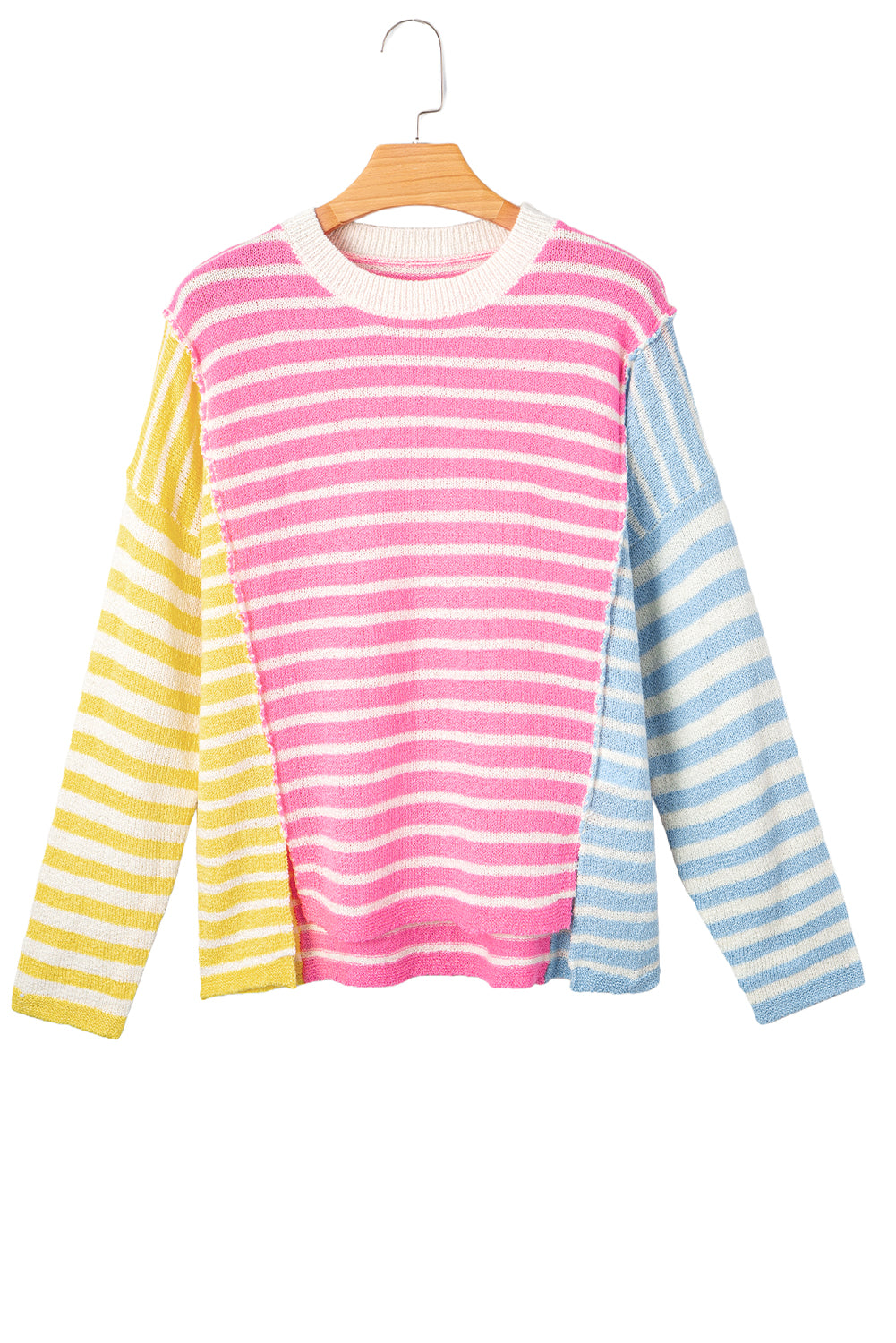 Multicolour Color Block Striped Patchwork Dolman Sleeve Slit Sweater