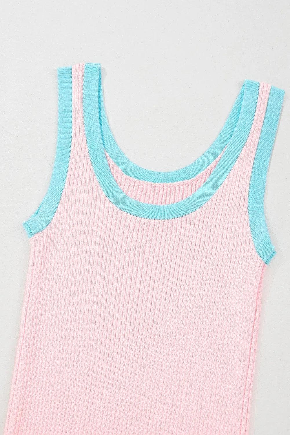 Tops/Tank Tops Pink Colorblock Edge Ribbed Knit U Neck Tank Top