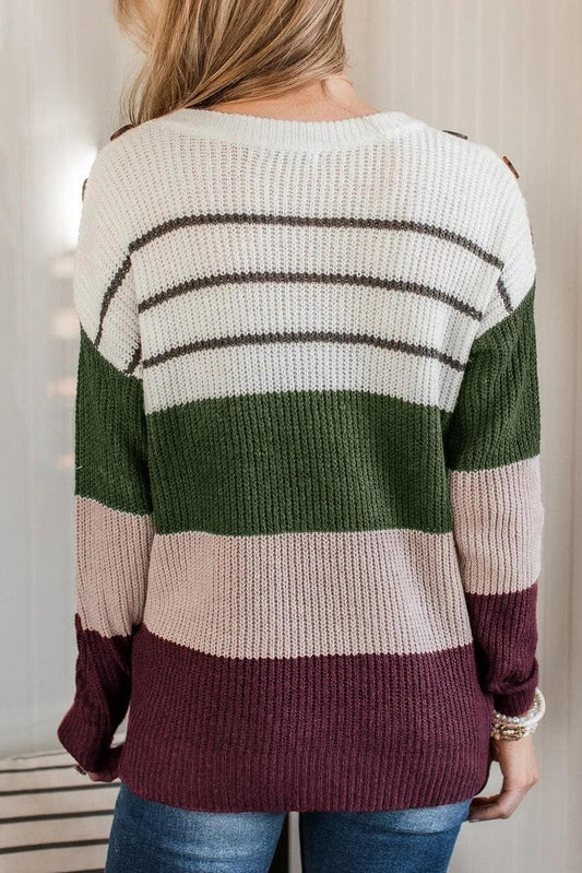 Sweaters & Cardigans/Sweaters Green Color Block Striped Buttoned Shoulder Split Sweater
