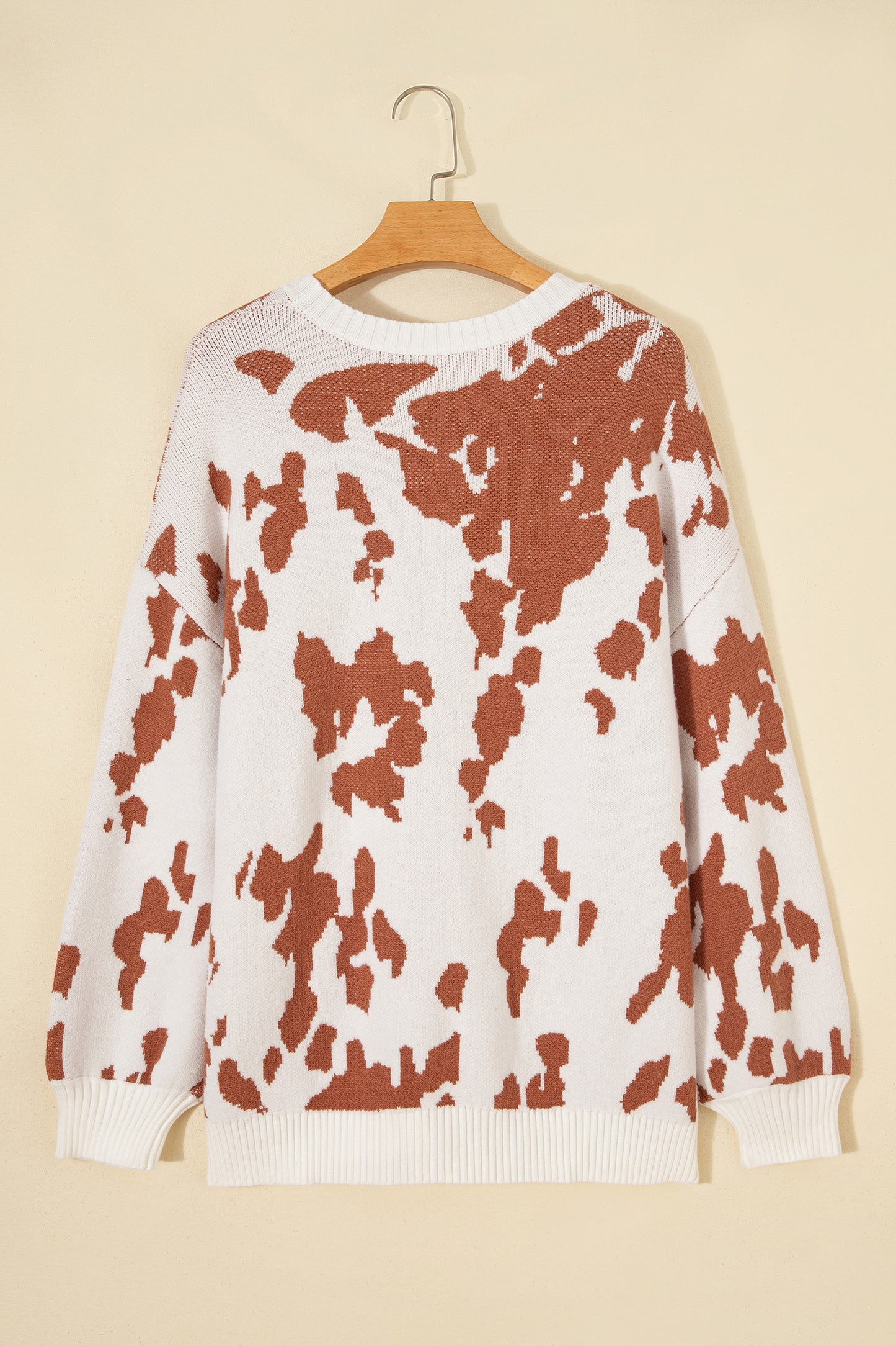 Khaki Abstract Print Drop Shoulder Long Sleeve Round Neck Sweater