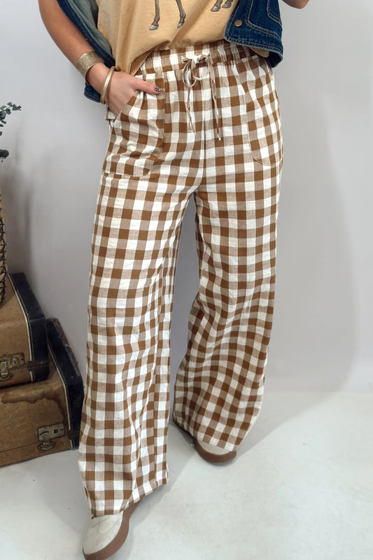 Brown Gingham Plaid Tie Elastic Waist Shift Pants