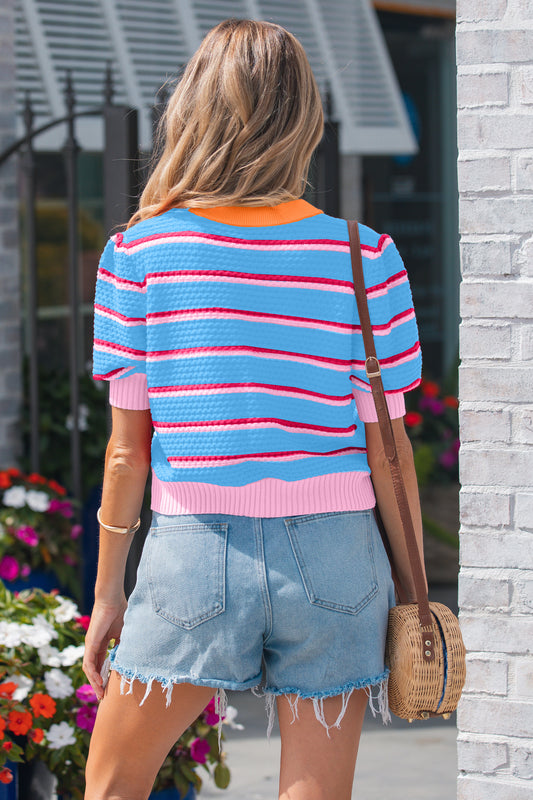 Sky Blue Stripe Colorblock Trim Half Sleeve Sweater Top