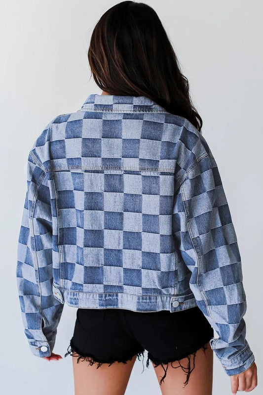 Outerwear/Denim jackets Light Blue Checkered Patchwork Button up Denim Jacket