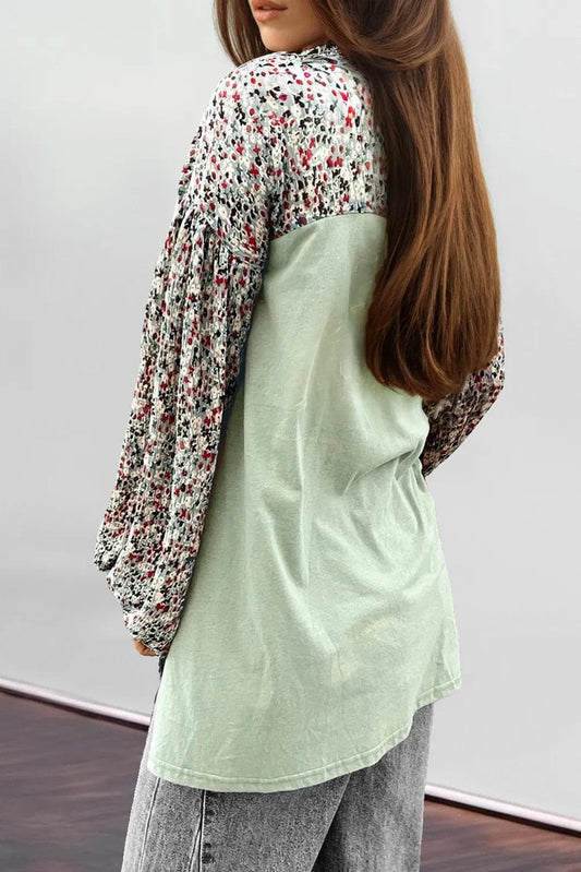 Tops/Long Sleeve Tops Meadow Mist Green Contrast Printed Bubble Sleeve Henley Loose Top with Slits