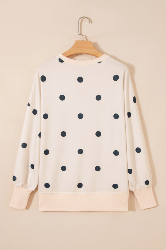 Beige Loose-fit Long Sleeve Round Neck Polka Dot Tunic Sweatshirt