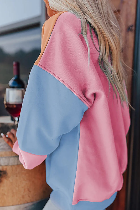 Sky Blue Colorblock Patchwork Drop Shoulder Sweatshirt - Chic Meadow Boutique