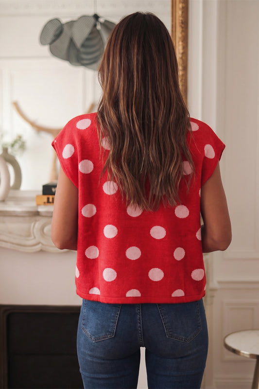 Red Polka Dot Sleeveless Knit Button Drop Shoulder Sweater Vest