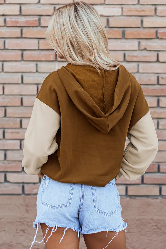 Chestnut Color Block Half Zip Kangaroo Pocketed Hoodie - Chic Meadow Boutique