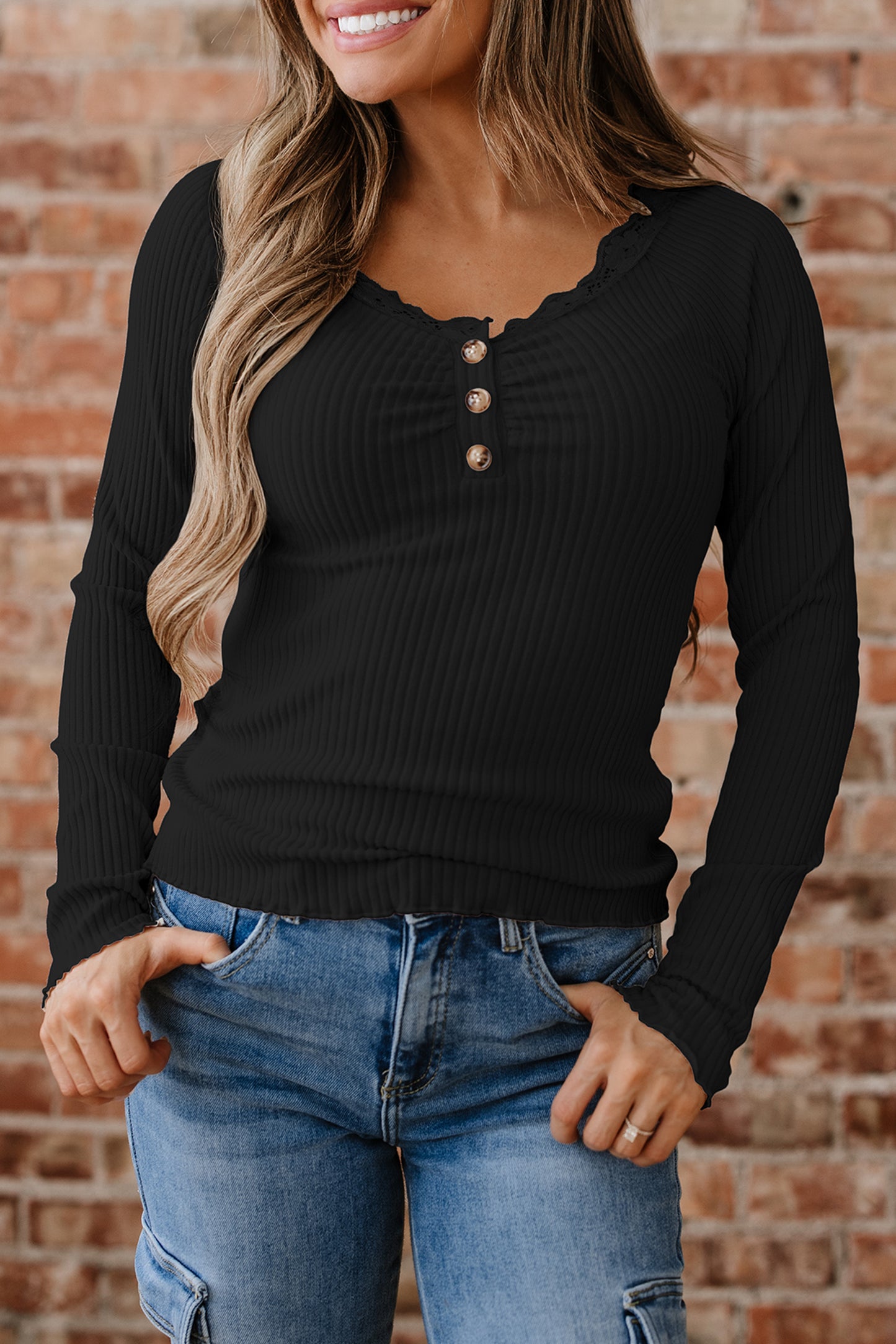 Black Lace Neckline Button Decor Lettuce Edge Long Sleeve Ribbed Top