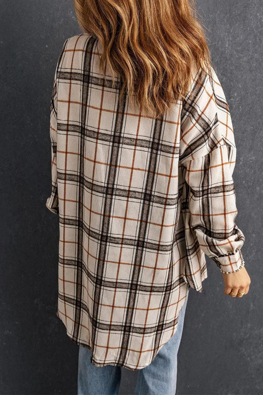 Outerwear/Plaid Shackets White Oversized Plaid Pattern Shacket with Slits