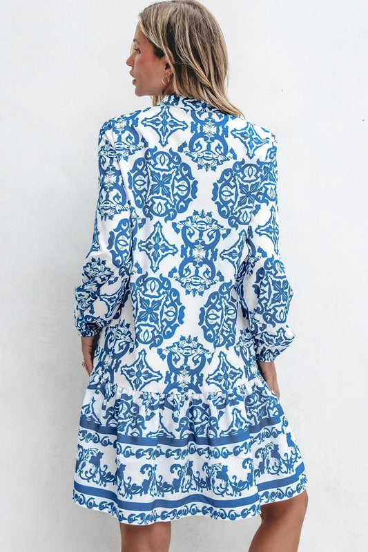 Dresses/Mini Dresses Sky Blue Tribal Print Button Up Notch Neck Loose Mini Dress