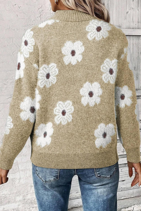 Sweaters & Cardigans/Sweaters Khaki Floral Pattern Half Zip Drop Shoulder Sweater