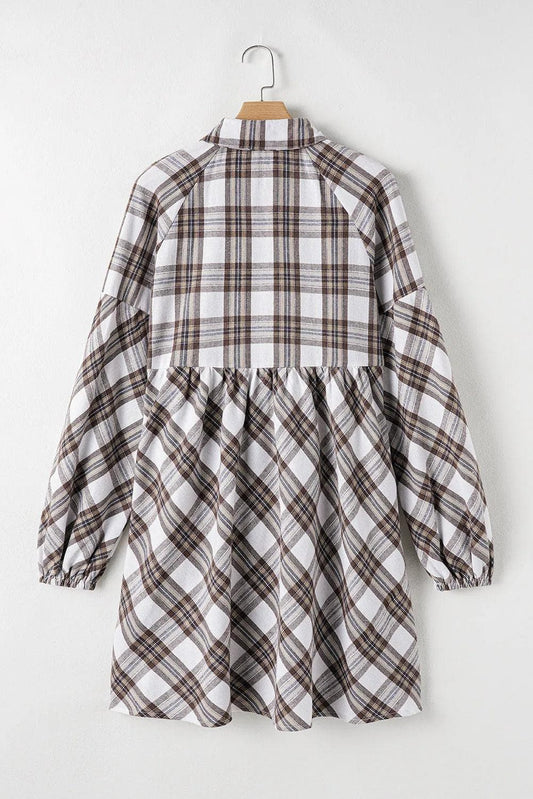 Dresses/Mini Dresses White Plaid Bubble Sleeve Flowy Shirt Dress