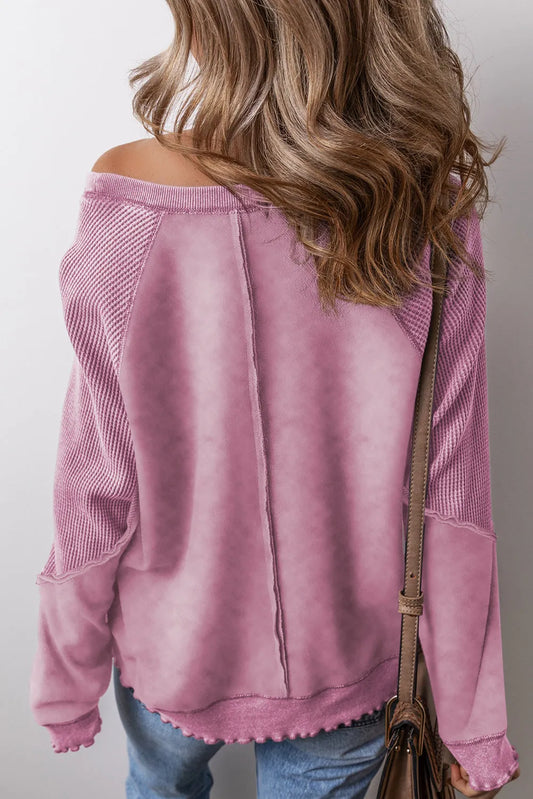 Pink Solid Waffle Knit Patchwork Raglan Sleeve Sweatshirt - Chic Meadow Boutique