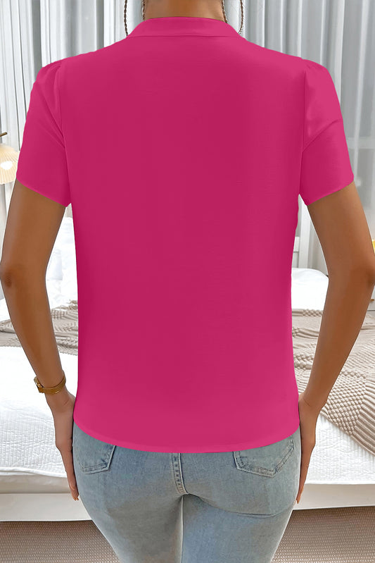 Rose Red Silky Notched Neckline Petal Sleeve Blouse