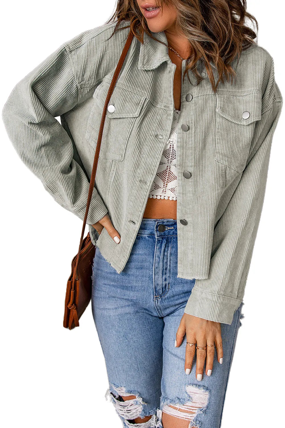 Sky Blue Raw Hem Flap Pockets Cropped Corduroy Jacket - Chic Meadow Boutique