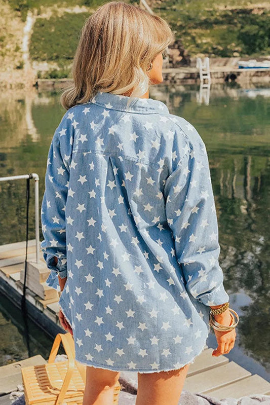Outerwear/Denim jackets Sky Blue Star Print Light Wash Raw Hem Denim Jacket