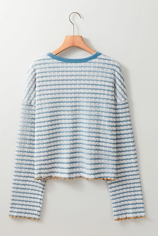 Tops/Long Sleeve Tops Sky Blue Stripe Textured Frilly Trim Buttons Henley Long Sleeve Top