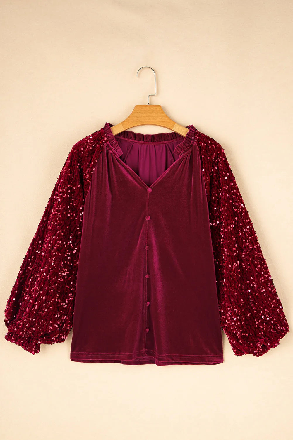 Red Dahlia Sequin Patchwork Sleeve Button Up Velvet Top - Chic Meadow Boutique