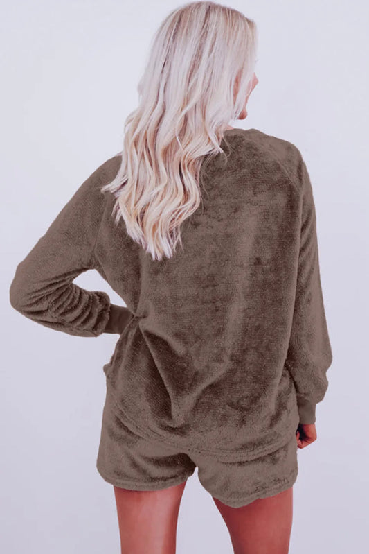 Coffee Solid Loose Fit Two Piece Fleece Lounge Set - Chic Meadow Boutique