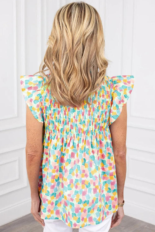 Tops/Blouses & Shirts Green Shirred Yoke Ruffled Abstract Printed Blouse