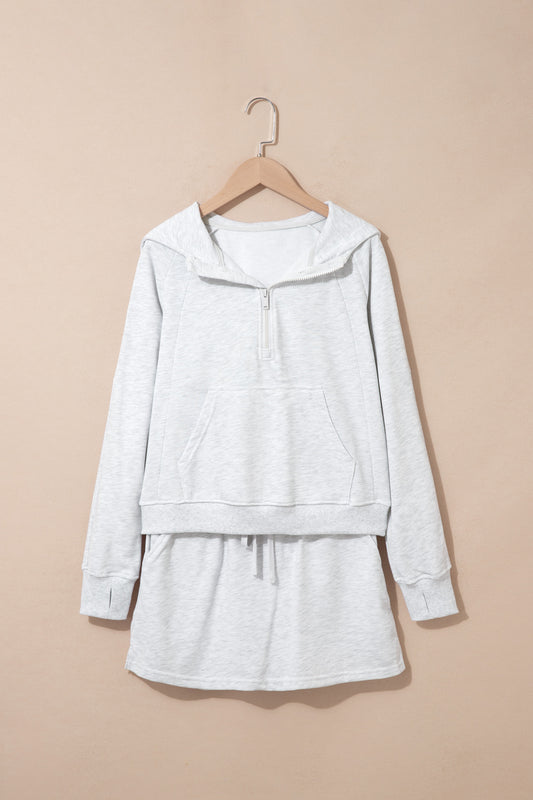 Light Grey Long Sleeve Zip-Up Top Elastic Waist Skort Set