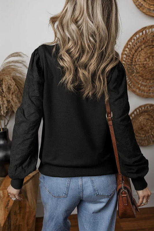 Black Textured Patchwork Round Neck Sweatshirt - Chic Meadow Boutique