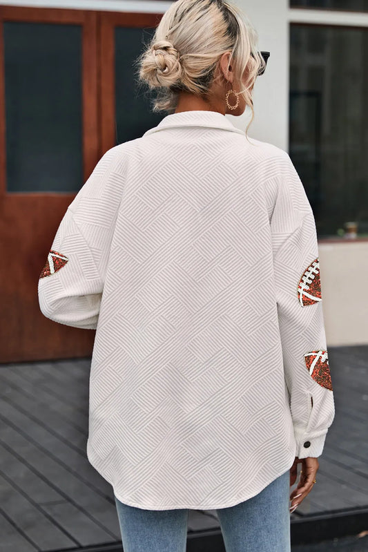 Beige Bubble Gum Texture Sequined Rugby Football Shacket - Chic Meadow Boutique