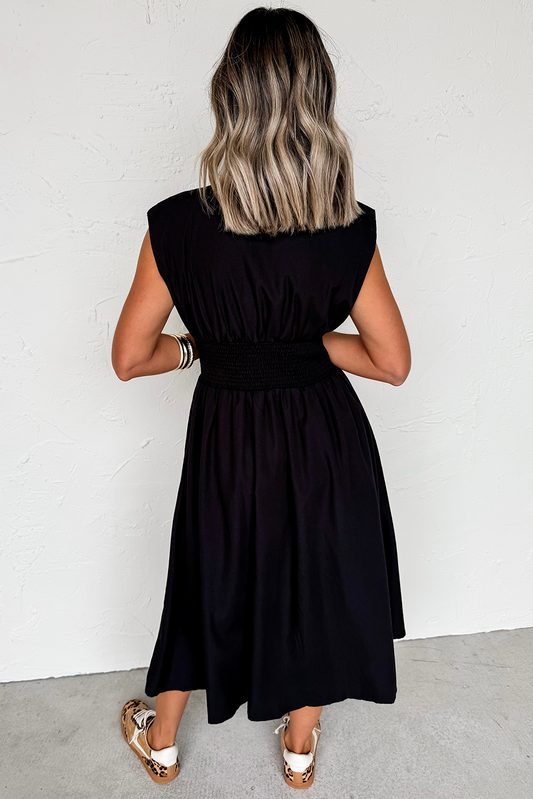 Black Sleeveless Zipped Front V Neck Shirred Waist Maxi Dress