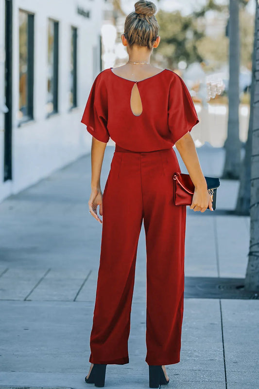 Fiery Red Belted Wide Leg Jumpsuit - Chic Meadow Boutique