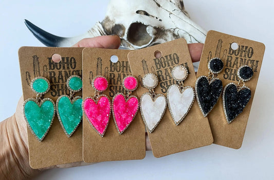 Jewelry Black Pink Heart Druzy Earrings
