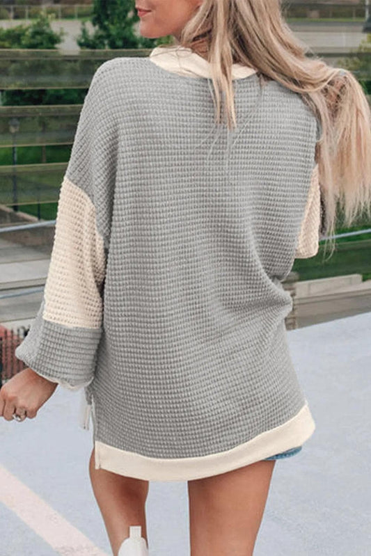 Tops/Long Sleeve Tops Khaki Textured Colorblock Collared Henley Top