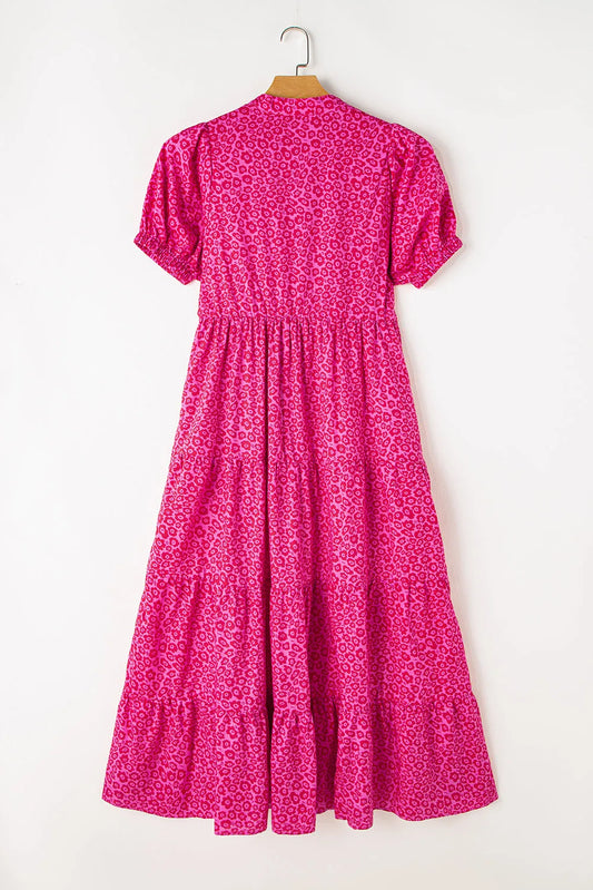 Rose Red Flower Mock Neck Puff Sleeve Tiered Maxi Dress - Chic Meadow Boutique